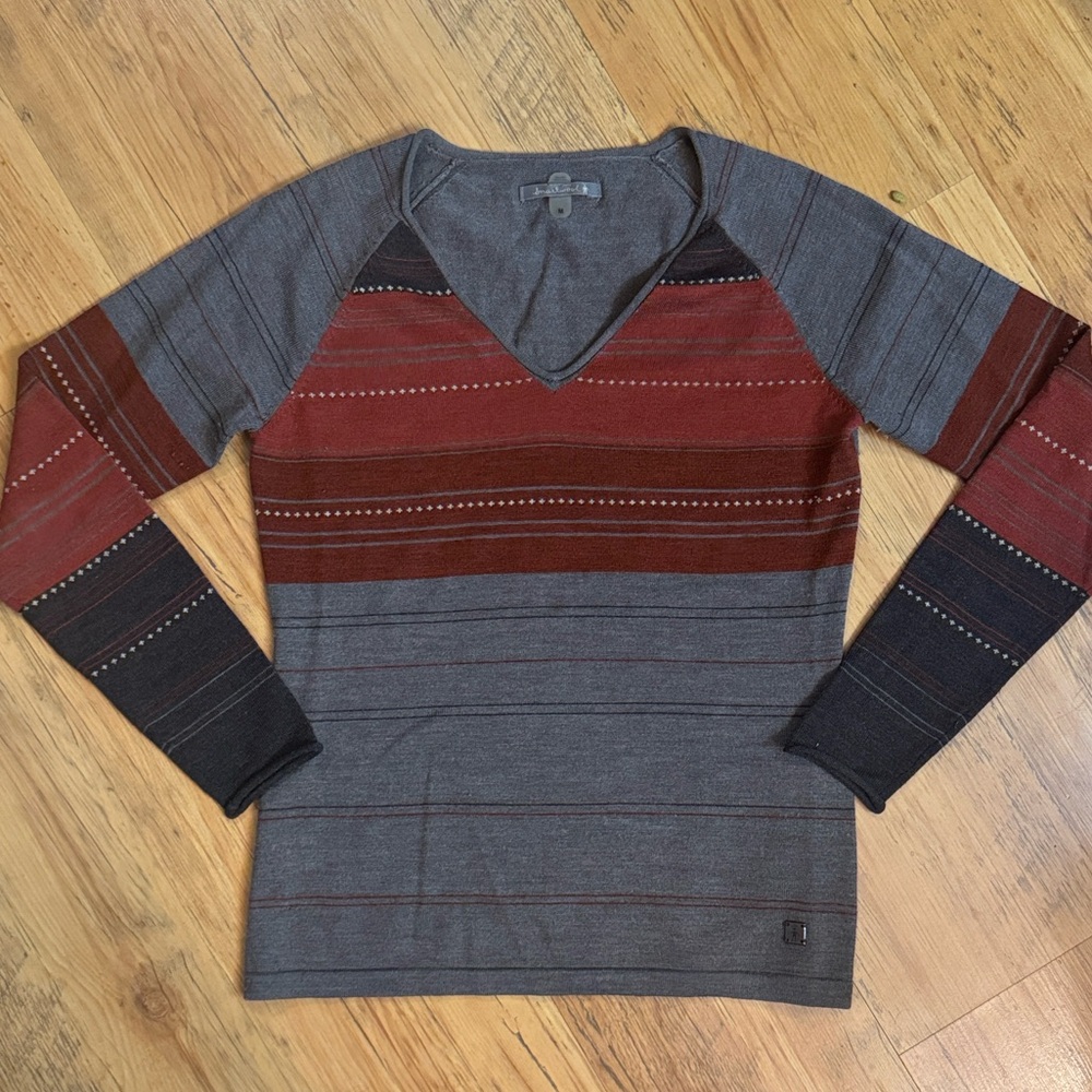 Gray and Red Striped V-Neck Women's Sweater